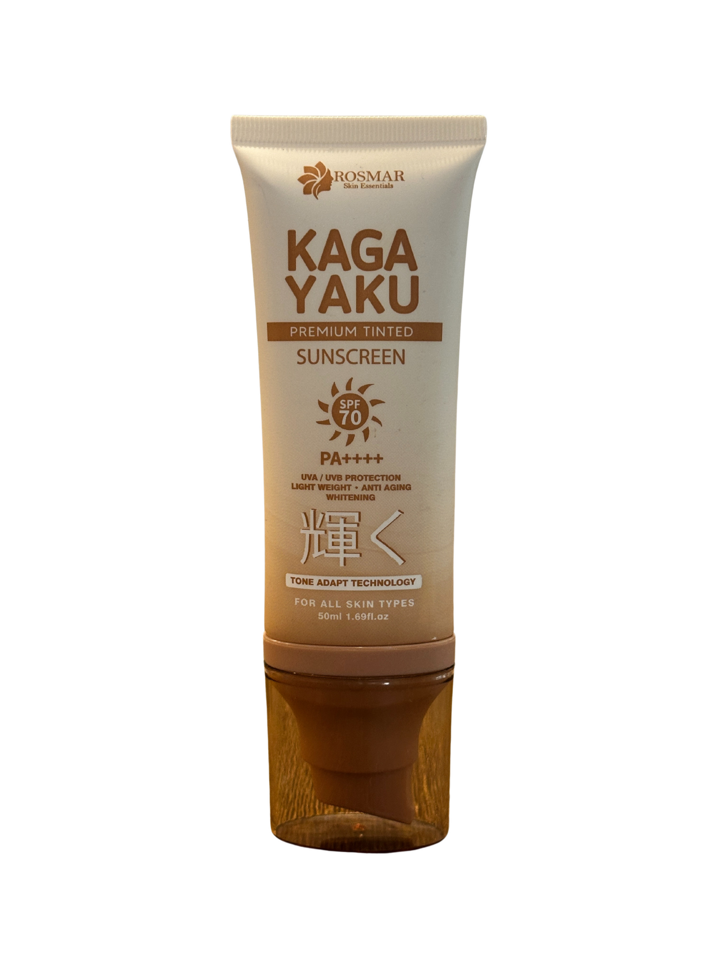 Rosmar Kaga Yaku Premium Tinted Sunscreen SPF 70 tube with full coverage formula