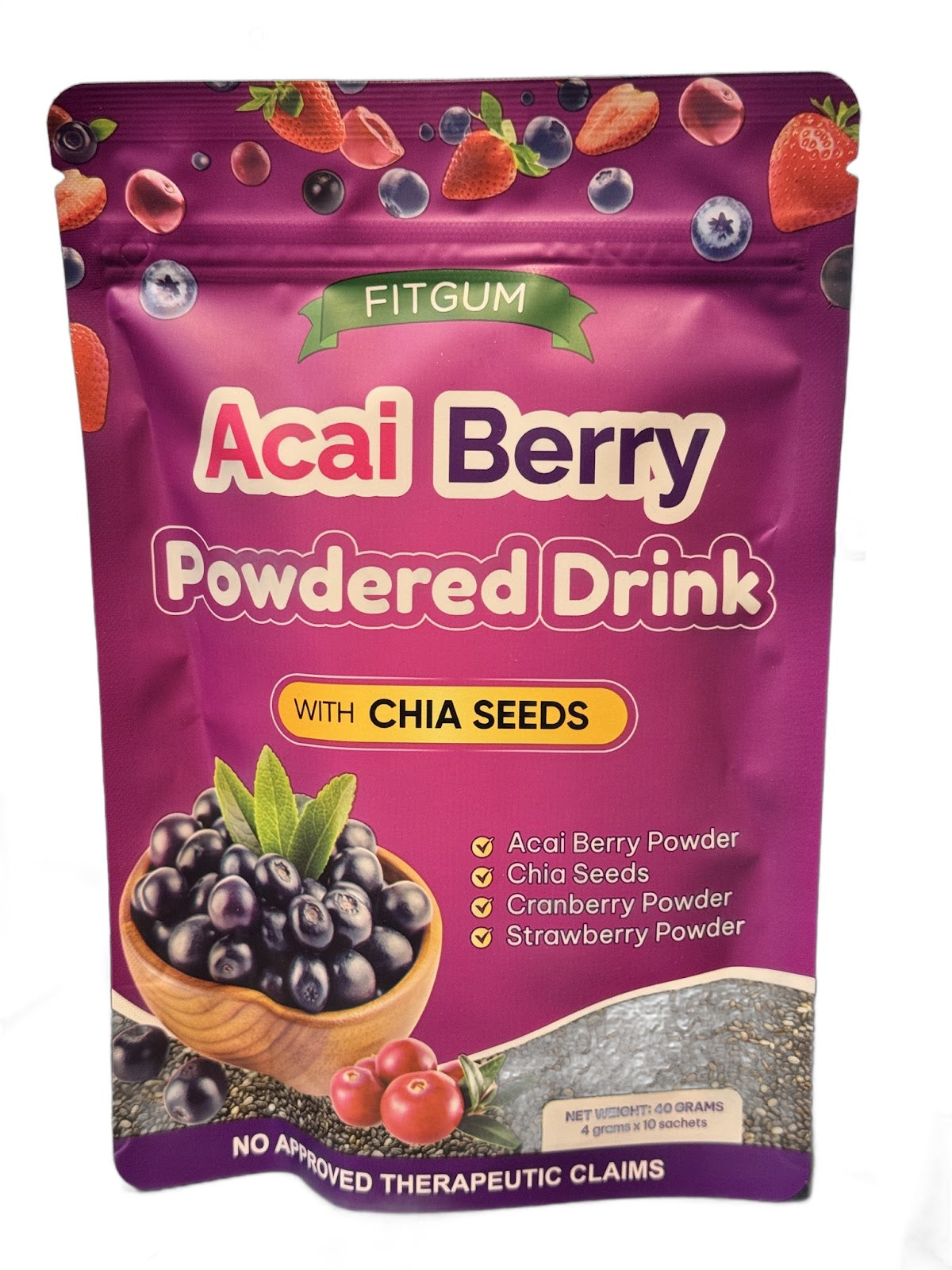 Fitgum Acai Berry Powdered Drink with Chia Seeds 40g