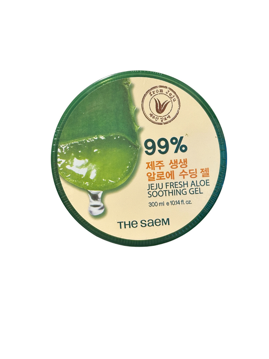 The Saem Jeju Fresh Aloe Soothing Gel tub with 99% aloe extract for skin hydration